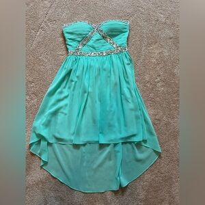 Minuet Teal Strapless High-Low Chiffon Dress with Crystal Trim